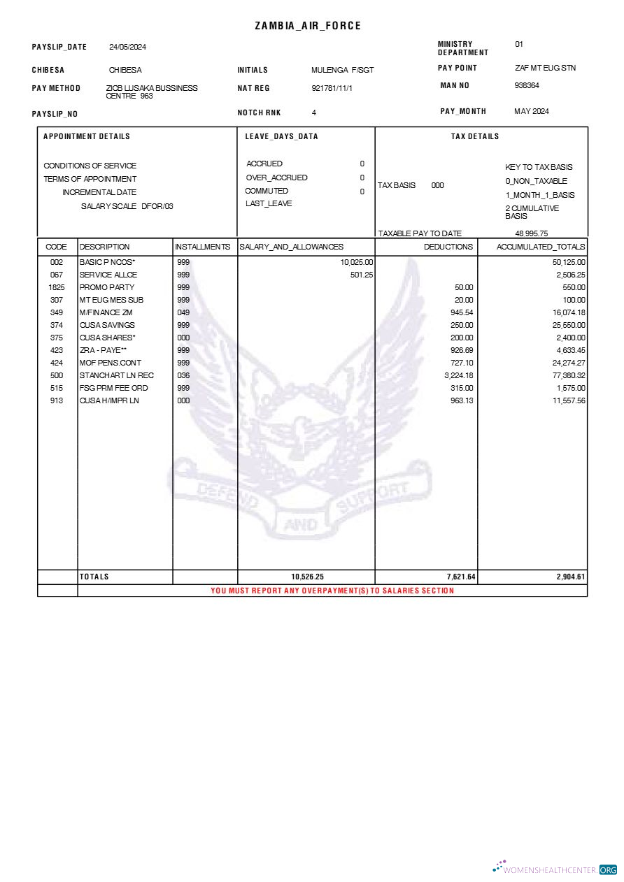 Download Zambian Air Force payslip template in Word and PDF formats.pdf, 1 Photoshop template